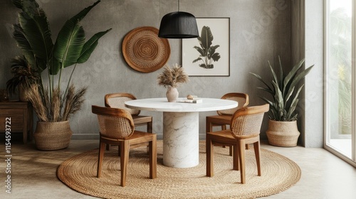 Modern minimalist dining room with round marble table, rattan chairs, and plants.