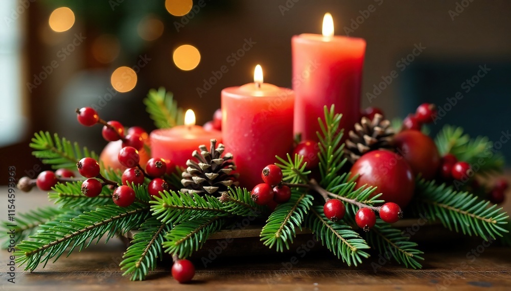 Seasonal berries and evergreen centerpiece with candles and pinecones, seasonal, centerpiece, pinecones