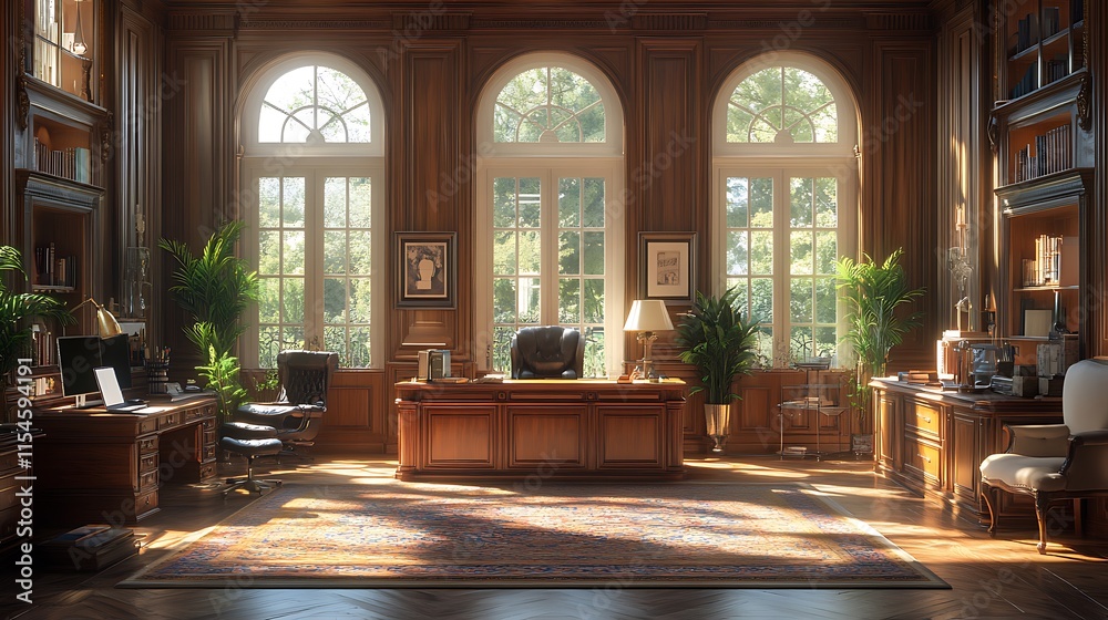 Fototapeta premium Luxurious Classic Study Room with Sunlight. Concept of Productivity, Work, and Elegance.