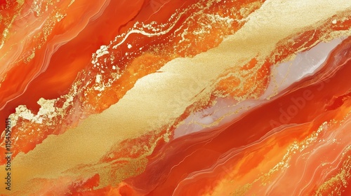 top view on flat surface of orange agate with golden veins, texture background   