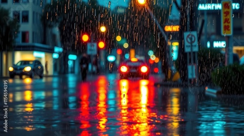 A rainy urban scene with blurred lights reflecting on wet streets.