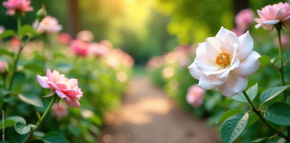 Obraz premium Soft focus image of a blooming white rose garden path, peaceful scene, blooming flowers, soft focus