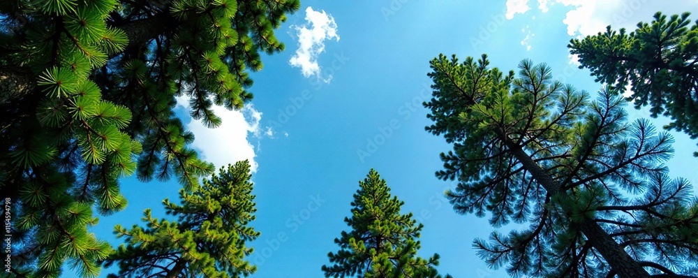 Fototapeta premium Spruce tree branches stretching up towards the sky, trees, blue, sky