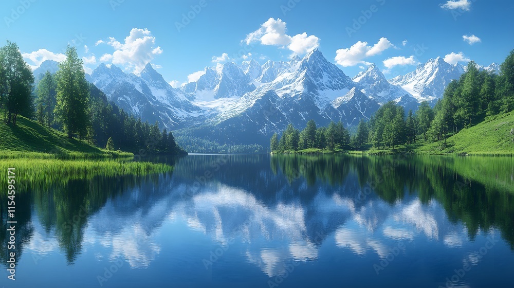 Dramatic landscape photograph capturing majestic snow-capped mountain range reflected in crystal clear alpine lake, surrounded by lush meadows under pristine sky with wispy clouds. Dramatic landscape photograph capturing majestic snow-capped mountain range reflected in crystal clear alpine lake, surrounded by lush meadows under pristine sky with wispy clouds.