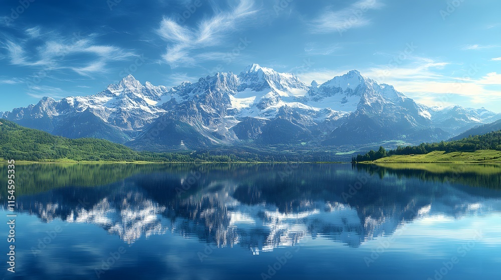 Fototapeta premium Dramatic landscape photograph capturing majestic snow-capped mountain range reflected in crystal clear alpine lake, surrounded by lush meadows under pristine sky with wispy clouds.