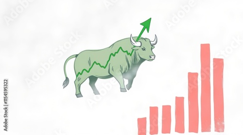 A bull symbolizing market growth with an upward trend graph. photo