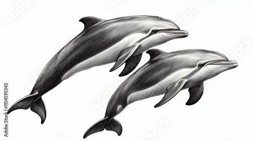 Two dolphins leaping, detailed pencil sketch on white background. photo