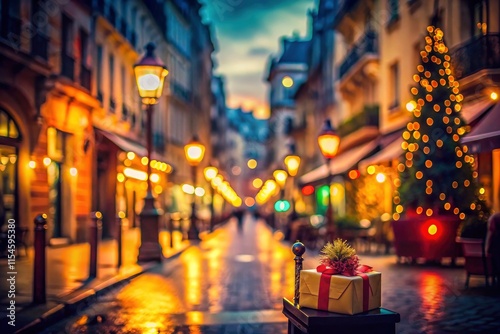 Vintage Parisian bokeh: blurred lights, romantic street scene, perfect gift photography capturing city charm.