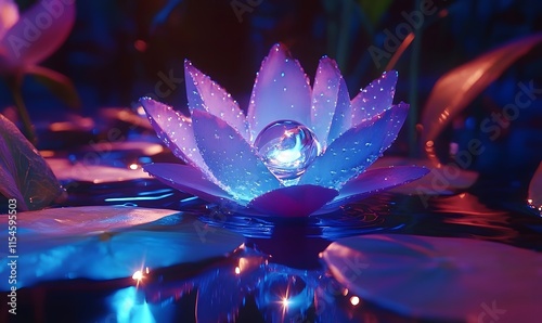 Glowing purple water lily with orb at night.
