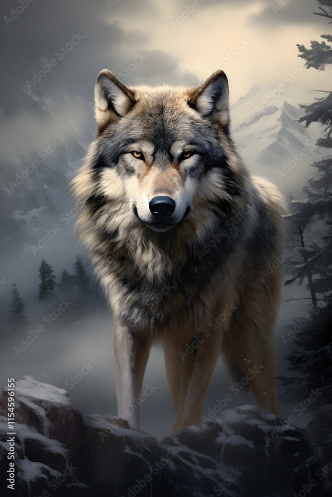 Naklejka premium Dire Wolf - A Majestic Depiction of Extinct Canine Wilderness in Palaeolithic Era