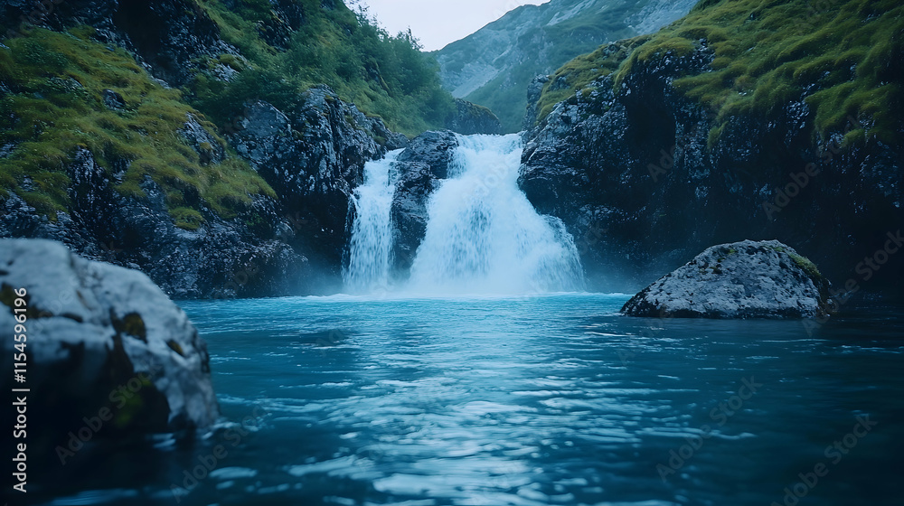 Naklejka premium Iceland Waterfall Majestic cascade plunging into serene glacial pool, misty mountains background, travel/tourism.
