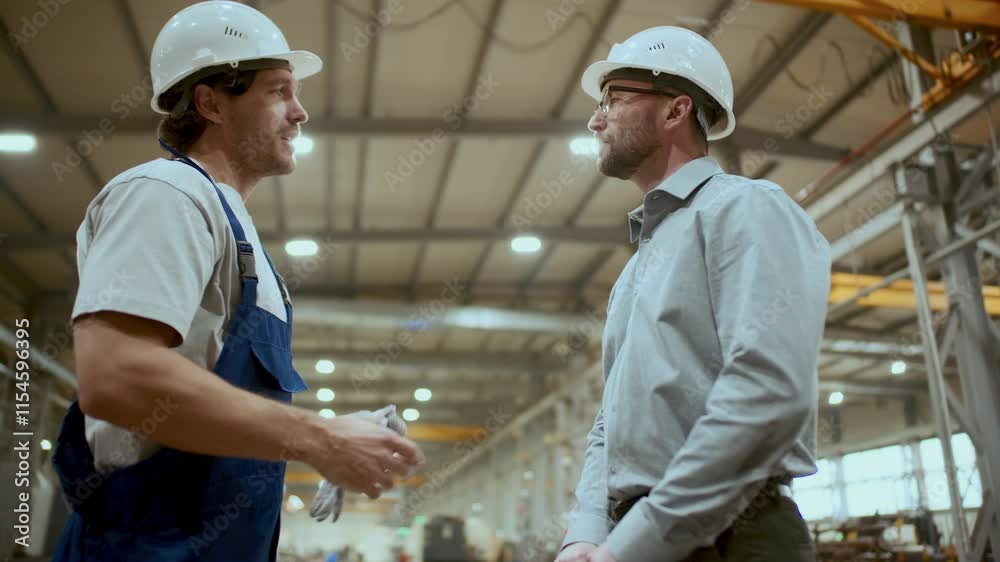 Engineer in hardhat shaking hands with industrial worker, discussing manufacturing processes and equipment with him during meeting in factory. Low angle view Engineer in hardhat shaking hands with industrial worker, discussing manufacturing processes and equipment with him during meeting in factory. Low angle view