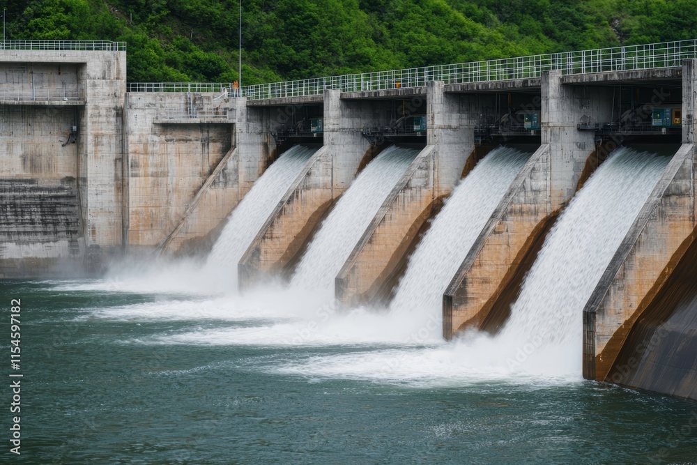 Front view of a hydroelectric dam releasing water with lush green hills in the backdrop. Front view of a hydroelectric dam releasing water with lush green hills in the backdrop.