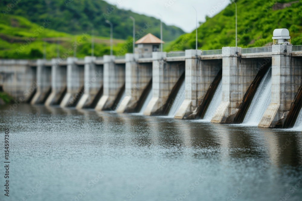 Scenic view of a hydroelectric dam surrounded by lush green hills and calm waters. Scenic view of a hydroelectric dam surrounded by lush green hills and calm waters.