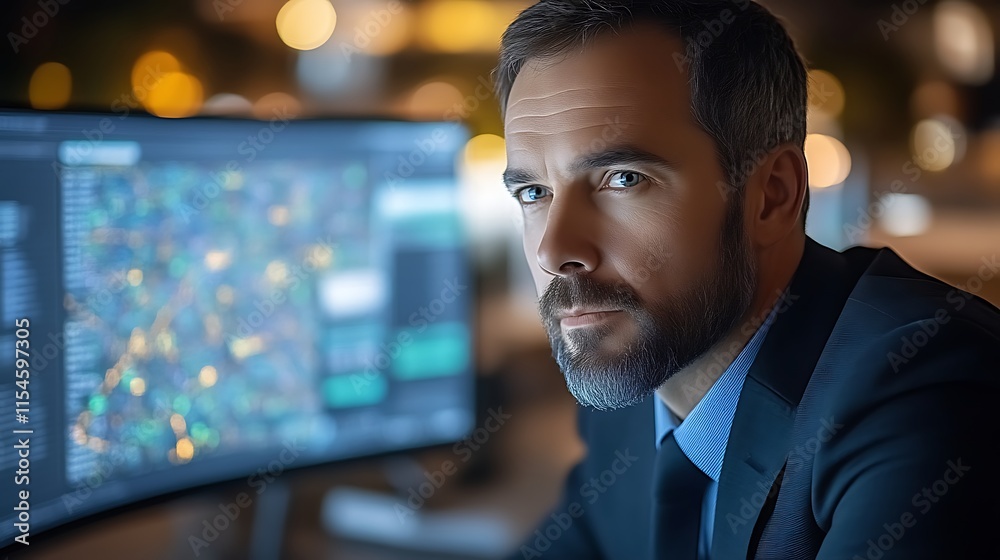 Focused businessman at night, working on computer.