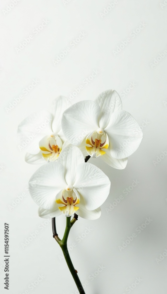 Fototapeta premium Delicate white orchid blooms on a crisp white background, white, garden, petals