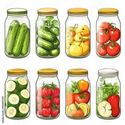 A set of six glass jars filled with various fruits and vegetables photo