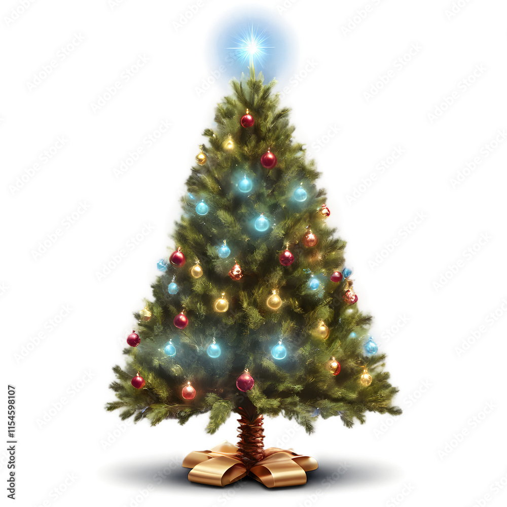 Christmas Tree Decorated with Shining Ornaments and Golden Lights on a transparent background Christmas Tree Decorated with Shining Ornaments and Golden Lights on a transparent background