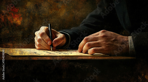 close up of male hand writing poetry with ink