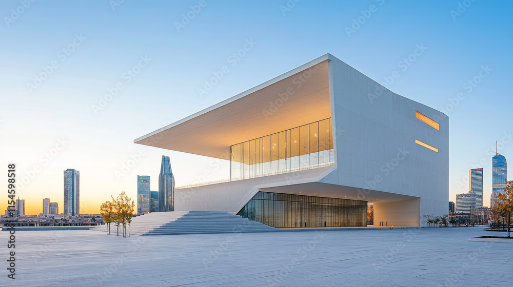Fototapeta premium Modern, urban, architectural, plaza, background, theater, plaza, parking lot, art center, sports arena, city skyline, skyscraper, sky, outdoor, city scenery, business, finance, real estate, urban.