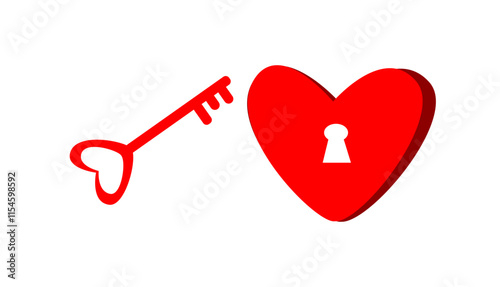 Red vector icons of a heart and key, symbolizing love and connection, ideal for Valentine's Day designs and romantic themes.
