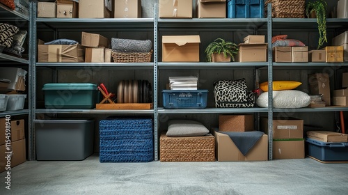 A snapshot of moving boxes and household items stored in a temporary storage space, illustrating the process of organization and decluttering before a move. photo