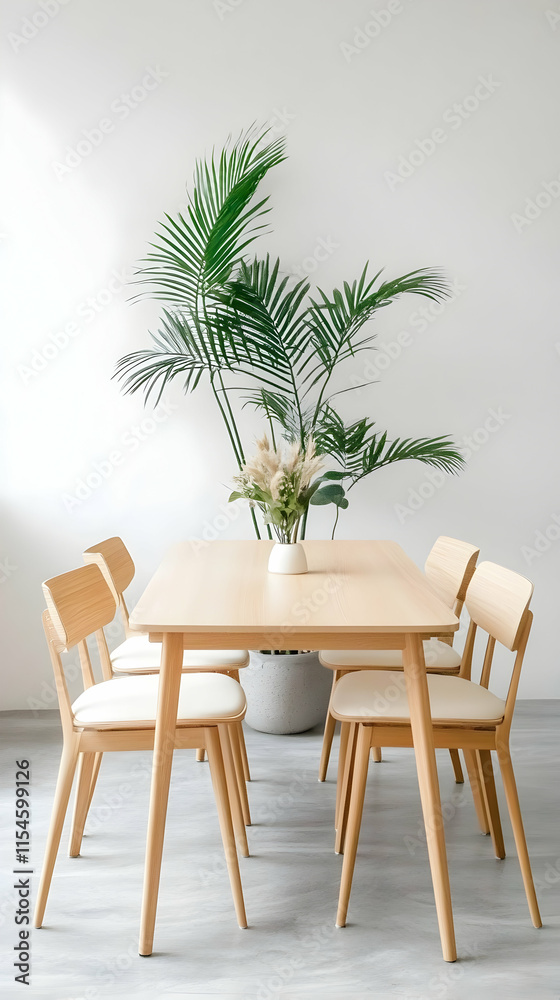 Minimalist dining room, light wood table, chairs, plants, white wall, interior design, home decor. Minimalist dining room, light wood table, chairs, plants, white wall, interior design, home decor.
