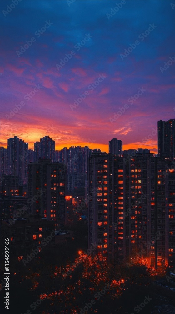 Obraz premium A vibrant sunset over a city skyline with illuminated buildings.