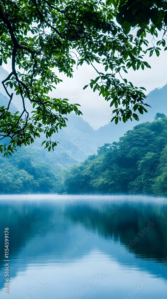 Misty Mountain Lake Serenity Tranquil water reflects lush greenery, showcasing a peaceful Asian landscape, ideal for travel brochures. Misty Mountain Lake Serenity Tranquil water reflects lush greenery, showcasing a peaceful Asian landscape, ideal for travel brochures.