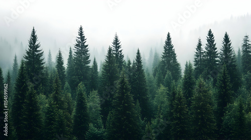 Misty Mountain Coniferous Forest Landscape, Nature Wallpaper, Eco-Tourism.