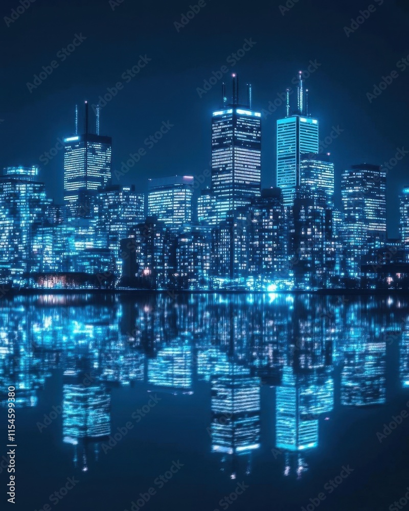 Nighttime city skyline with illuminated buildings reflecting in water. Nighttime city skyline with illuminated buildings reflecting in water.