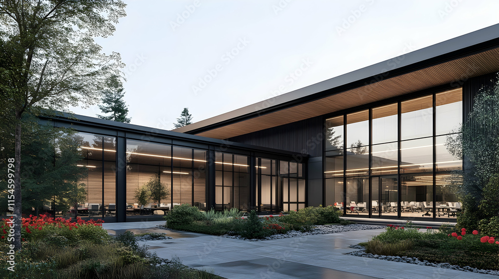 Modern Office Building Courtyard Evening Exterior Design. Modern Office Building Courtyard Evening Exterior Design.