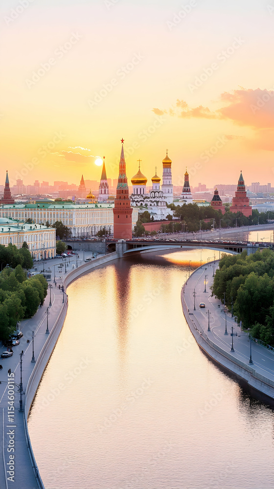 Fototapeta premium Moscow Kremlin sunset river reflection travel postcard.