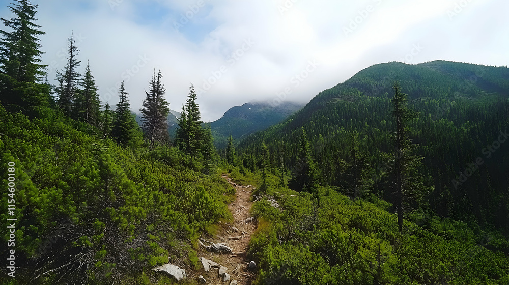 Mountain Hiking Trail, Forest Path, Cloudy Sky, Adventure Travel Brochure. Mountain Hiking Trail, Forest Path, Cloudy Sky, Adventure Travel Brochure.