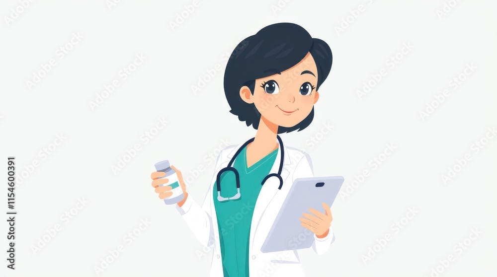 A friendly female doctor holding a medicine bottle and a tablet, symbolizing healthcare. A friendly female doctor holding a medicine bottle and a tablet, symbolizing healthcare.