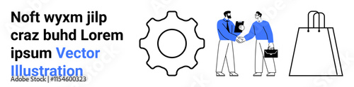 Gear in center, two businessmen shaking hands, shopping bag. Ideal for business deals, partnerships, teamwork, e-commerce, collaboration corporate relations product design. Landing page