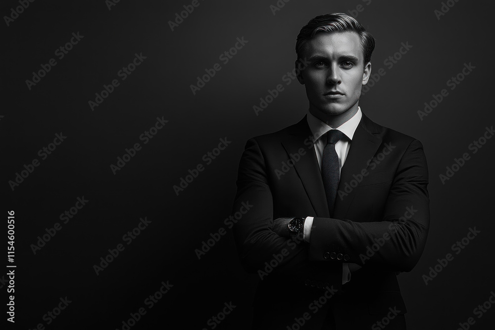 Fototapeta premium Man in suit and tie with arms crossed.