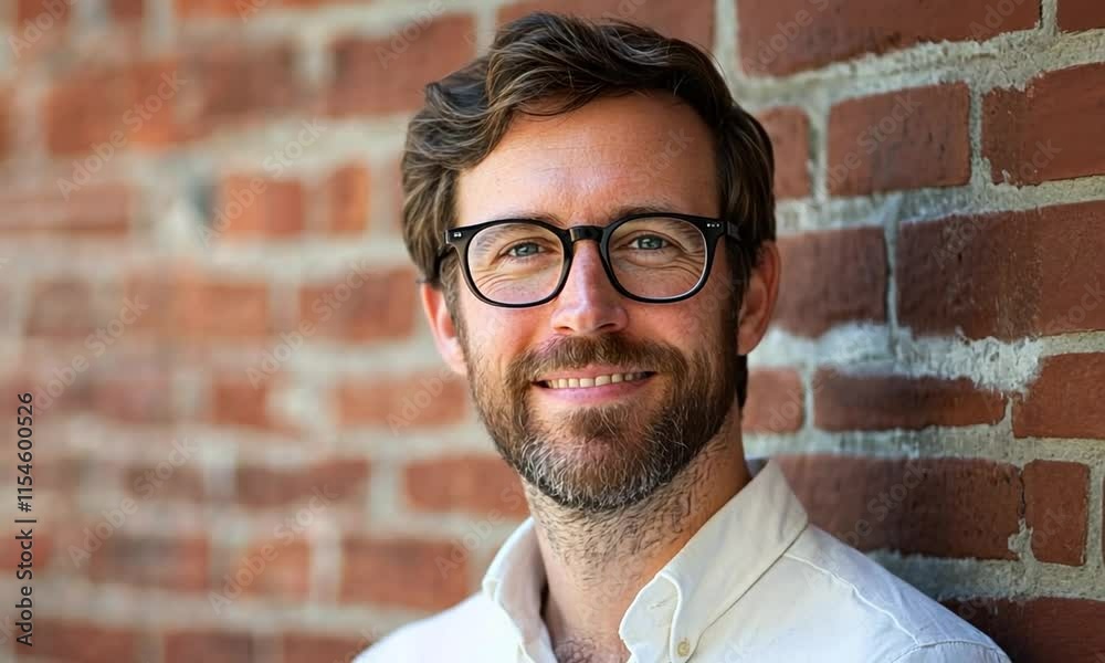 Smiling man with glasses standing against a rustic brick wall, showcasing a modern casual look, reflecting confidence and charm in an urban environment Smiling man with glasses standing against a rustic brick wall, showcasing a modern casual look, reflecting confidence and charm in an urban environment