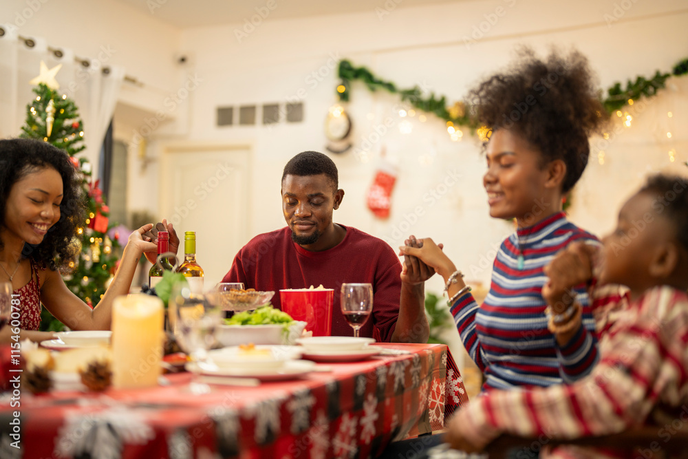 A warm Christmas family dinner with a father serving food to his young child, surrounded by festive decorations, a Christmas tree, and a holiday table spread. Joyful and cozy holiday atmosphere. A warm Christmas family dinner with a father serving food to his young child, surrounded by festive decorations, a Christmas tree, and a holiday table spread. Joyful and cozy holiday atmosphere.