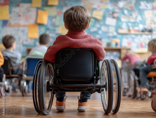 Boy in wheelchair in classroom.