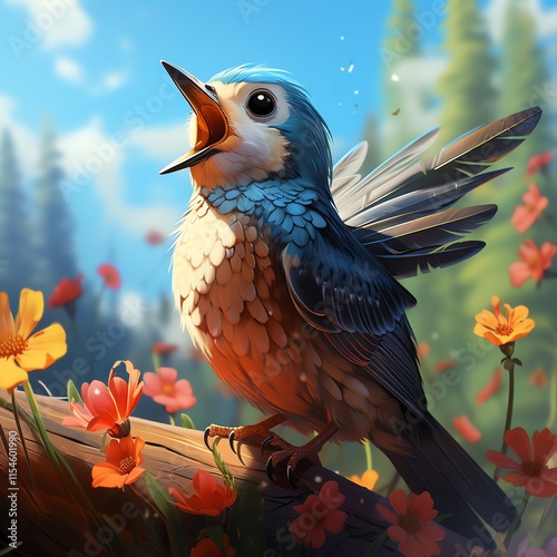 A cute blue bird sings amidst vibrant flowers.