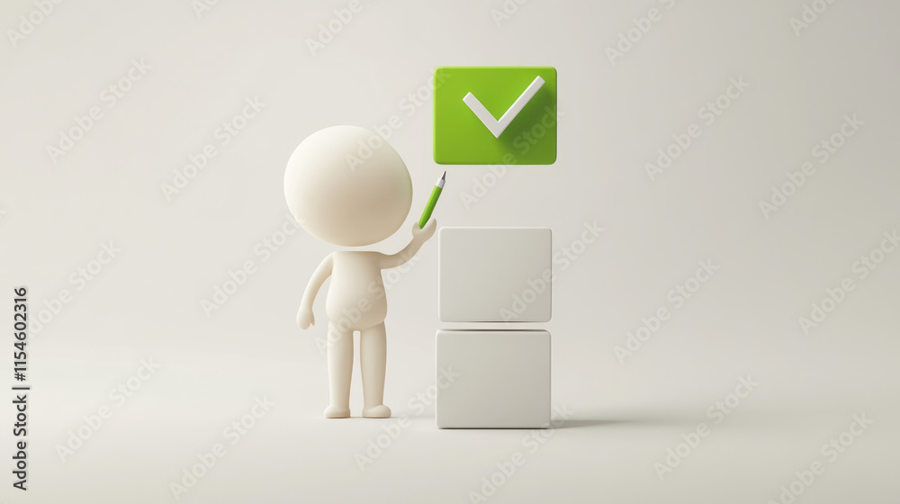 3D character marking checklist on cubes. 3D character marking checklist on cubes.