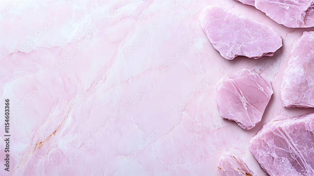 Pink Rose Quartz Crystals on Marble Background, Wellness Design, Spa Branding. Pink Rose Quartz Crystals on Marble Background, Wellness Design, Spa Branding.