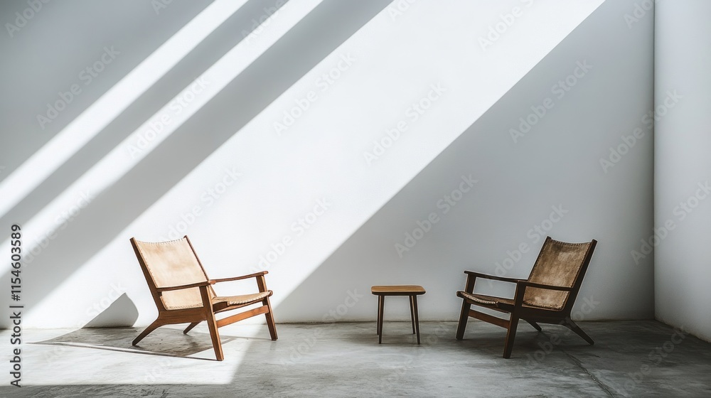 Two wooden chairs and small table in sunlit minimalist room. Two wooden chairs and small table in sunlit minimalist room.