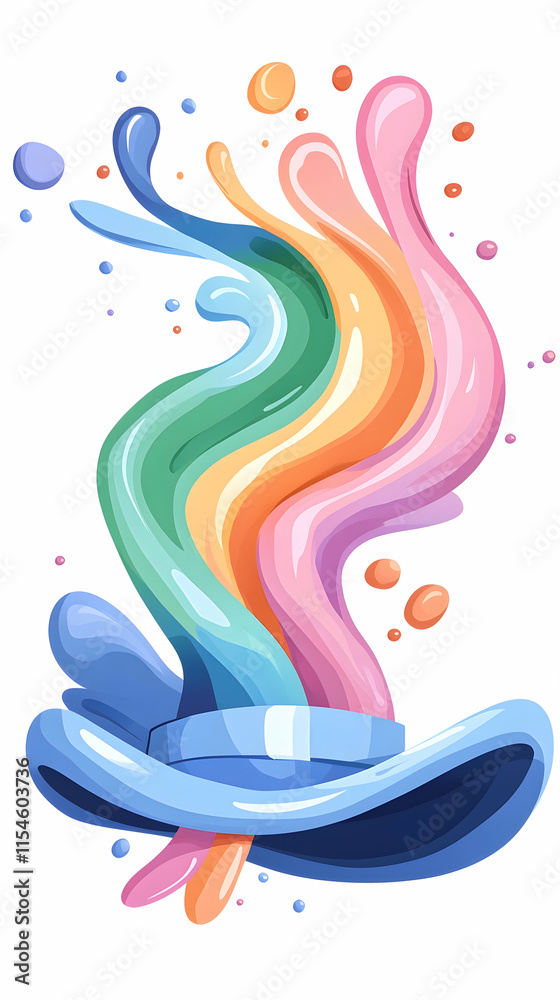Fototapeta premium Rainbow paint splash from hat; vibrant, playful design element for kids' book, website, or app.