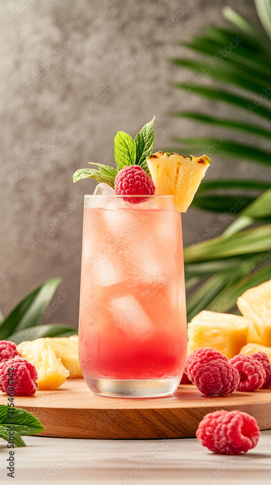 Raspberry Pineapple Cocktail, Tropical Background, Refreshing Summer Drink, Food Photography, Menu Design. Raspberry Pineapple Cocktail, Tropical Background, Refreshing Summer Drink, Food Photography, Menu Design.