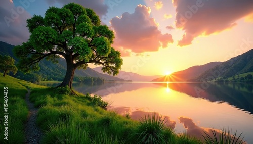Lush greenery surrounds a serene lake at sunset, tree, peaceful, lake
