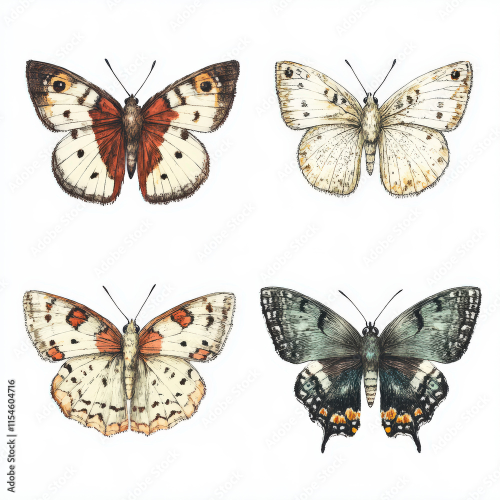 Naklejka premium Detailed Illustration of Four Beautiful Butterflies Displaying Varied Patterns and Colors Against a Plain Background