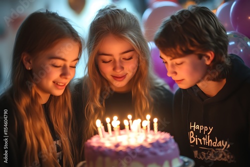 Three teenage girls making a wish on a birthday cake. photo