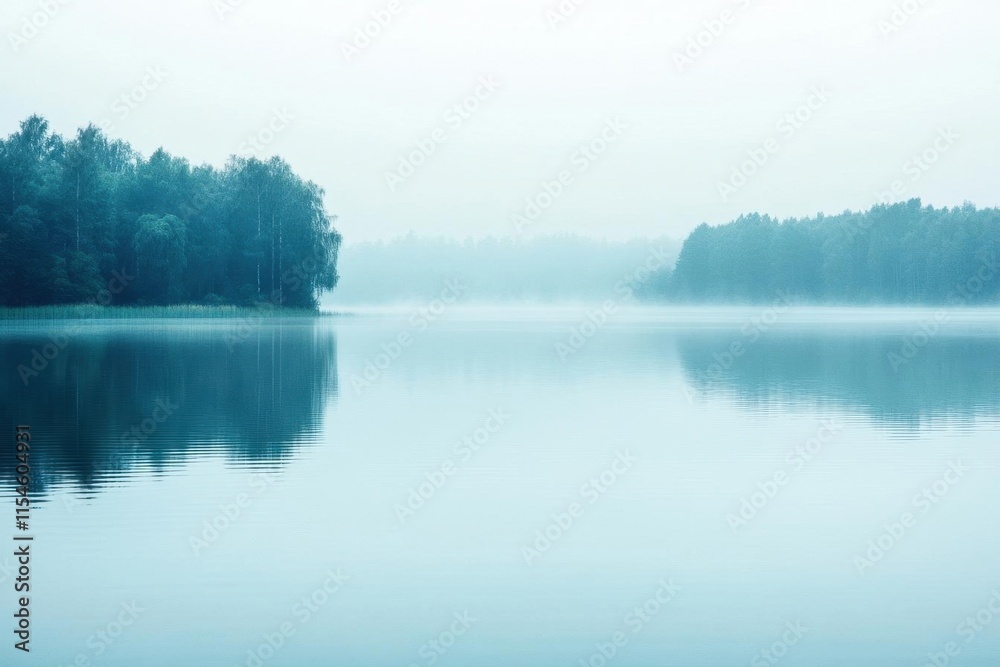 Fototapeta premium A serene misty lake surrounded by trees, reflecting a tranquil atmosphere.